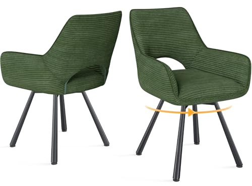 WAFTING Esszimmerstühle 2er Set Drehbar 360°,Armlehnstuhl,Küchenstuhl,Grün | Metallbeinen,Cord Stoff,Küchenstühle,Wohnzimmerstuhl,Polsterstuhl mit Samt,Esszimmer,Restaurant,Schlafzimmer,Konferenzraum