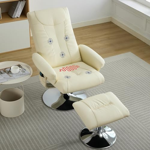 DEKKETO Fauteuil Relax Massant et Chauffant avec Repose-Pieds Beige, DK-024 | Cuir PU, Pivotant 360°, Inclinable, Dossier Haut, Poche Latérale, Télécommande, pour Salon, Chambre ou Home Cinéma