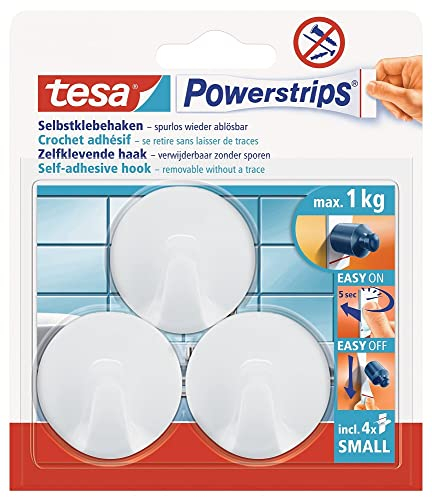 tesa Powerstrips Haken Small RUND - Selbstklebender Wandhaken für Glas, Kacheln, Holz, Kunststoff und andere Untergründe - Weiß