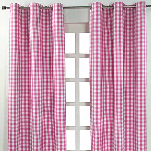 HOMESCAPES – Paire de Rideaux à œillets 100% Coton – Grand Carreaux Vichy Rose – Prêt à Poser 137 x 182 cm