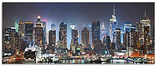ARTLAND Wanddeko Glasbilder Wandbild Glas Bild einteilig 125x50 cm Querformat USA New York Skyline Nacht Times Square Hudson River Städte Amerika T5WT