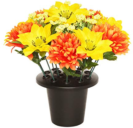 SF 25 cm Artificial Orange/Yellow Chrysanthemum & Clematis Grave Flower Pot