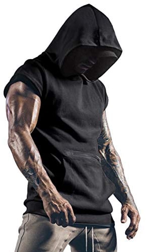Running Vests Mens Gym Top Sleeveless Hoodies Fitness Plain Black T Shirt Hooded Training Clothes with Pocket Black M