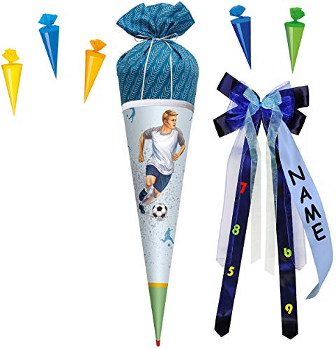 alles-meine.de GmbH Set Schultüte + 5 kleine Stoffschultüte - Zuckertüten - Fußball - Fußballspieler - 70 cm - mit Holzspitze - rund - incl. individueller großer Schleife - m..