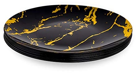 Pack of 10 Black and Gold Hard Plastic Reusable Plates ~ Marble Design Sturdy Plastic Dinnerware-Ideal for Weddings and Parties. (9)