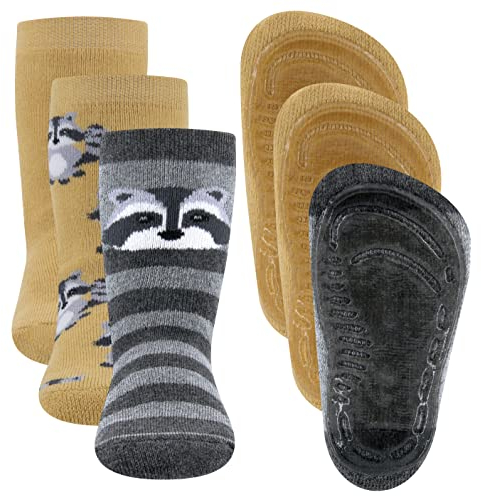 EWERS 3er-Pack Waschbär Stoppersocken SoftStep, Socken mit Antirutschsohle für Jungen und Mädchen, Anti-Rutsch-Socken mit Gummisohle, MADE IN GERMANY, 3 Paar rutschfeste Kindersocken, Größe 27-28