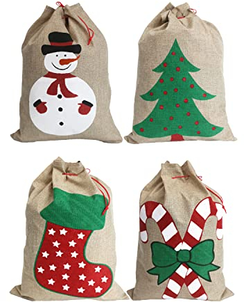 Weihnachtssäcke. 35 x 50 cm mittelgroße Weihnachtsgeschenkbeutel mit Kordelzug. 4 Designs: Schneemann, Baum, Stiefel, Stock. 4er-Pack.