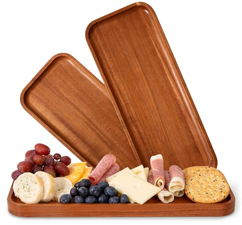 Serviertabletts aus massivem Akazienholz (35.6x14 cm), rechteckige Holz-Servierplatten für Heimdekoration, Lebensmittel, Gemüse, Obst, Vorspeisen-Serviertablett, Käsebrett (Set mit 3 Tellern)
