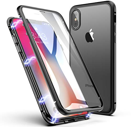 LONYAN Compatible with iPhone X/iPhone XS/10 Case, Magnetic Adsorption Protective Hard Case Front and Back Tempered Glass Full Screen Coverage One-Piece Design Flip Cover (Black)