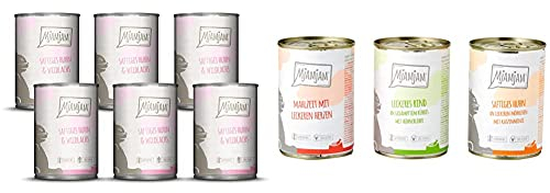 MjAMjAM - Premium Nassfutter für Katzen - saftiges Huhn und wildlachs, 6er Pack (6 x 400 g) & Premium Nassfutter für Katzen - Mixpaket 1 - Huhn, Rind, Herzen, 6er Pack (6 x 400 g)