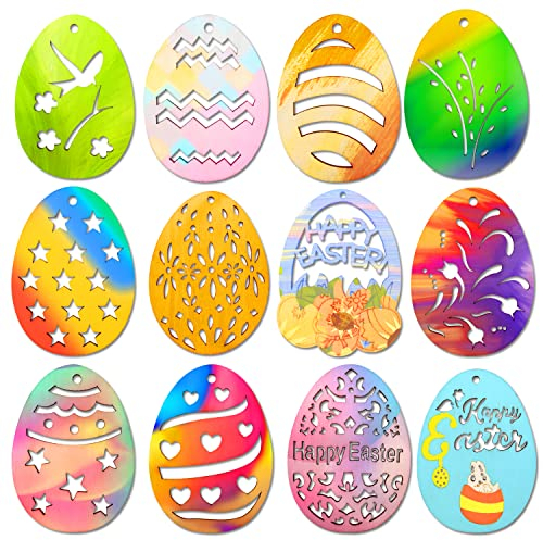 Ostern Anhänger Holz, 48 Stück Osteranhänger aus Holz, Holzanhänger Ostern mit Schnur, Ostern Basteln Holz, Osterdeko Holz Eier Holzscheiben Osterbasteln für Kinder Oster Party Dekorationen