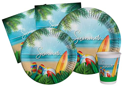Ciao- Kit Table Fête Summer Party 8 Personnes (44 pcs: Assiettes, gobelets, Serviettes) en Papier compostable Vaisselle, Uni, AZ146, Multicolor