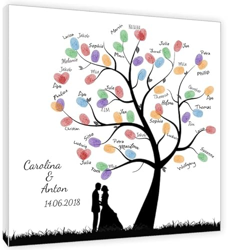 galleryy.net Fingerabdruckbaum Leinwand 50x50 cm - Individuell mit Namen & Datum - INKL Zubehör-Set mit Stempelkissen, Stift und Hochzeitsbuch - Motiv Paarbaum Schwur