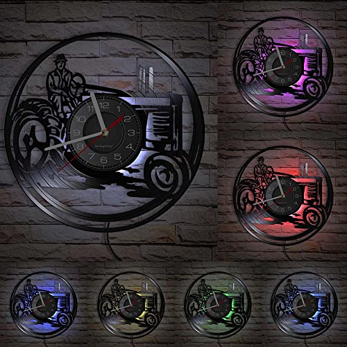 Timethink 12'' Farmer on Tractor LED Vinyl Record Wall Clock with 7 Colors Changing, Lights Farm Tractor Farmhouse Vintage Design Planter Illuminated Silent Non Ticking Night Light Wall Clock Watch