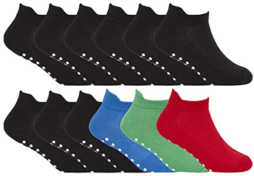 Sock Snob 12er Pack Kinder Sneaker Socken Rutschfest Atmungsaktiv Antirutsch Baumwolle Trainer Socken mit Noppen für Jungen und Mädchen (4-6 Jahre, Schwarz Grün)