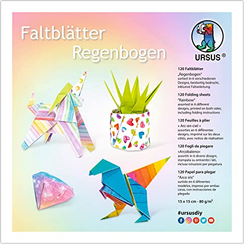 Ursus 38085599F - Faltblätter Regenbogen, 120 Blatt sortiert in 6 verschiedenen Farben, ca. 15 x 15 cm groß, 80 g/m², beidseitig bedruckt, inklusive Faltanleitung