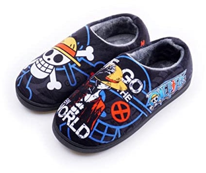 Roffatide Anime One Piece Fuzzy Slippers Straw Hat Crew Luffy Closed Back Rubber Sole House Plush Slippers Slip-On Fuzzy Shoes Warm Slippers for Women 7-8/ Men 7.5-8.5