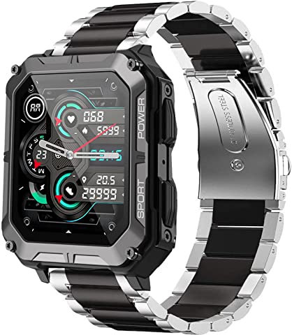 Blueshaweu Métal Compatible avec MIGOUFIT C20pro Smartwatch,Bracelet en Acier Inoxydable Compatible avec Bracelet meoonley C20pro /MIGOUFIT C20pro/SWGOTA NX3/TESOFIT M2 Smartwatch (Noir-Argent)