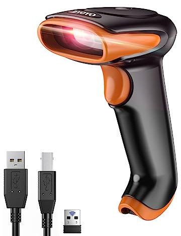 Eyoyo Douchette Code Barre 1D 2D QR Code, Lecteur Code Barre sans Fil 3 en 1 Compatible avec Bluetooth et 2,4 GHz sans Fil et Scanner Code Barre Filaire USB Portable(Orange)