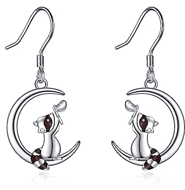 Waschbär Ohrringe 925 Sterling Silber Mond Hängend Ohrhänger Schmuck Waschbär Geschenk für Damen Mädchen