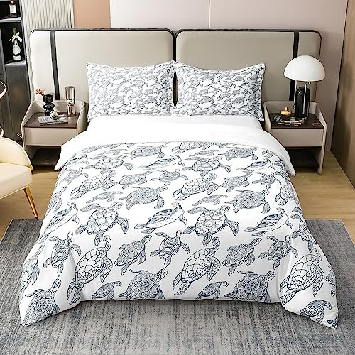 100% Natürliche Baumwolle Schildkröte Bettbezug 155x220,Meeresschildkröte Bettwäsche Set für Kinder,Ozean Leben Tier Tröster Abdeckung Unterwasser Oase Quilt Cover mit 1 Kissenbezug,Grau Weiß