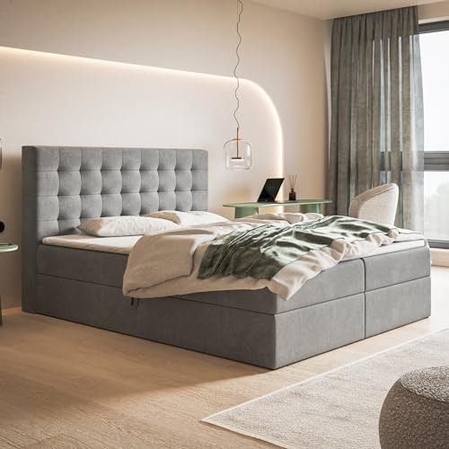 MOTIVENA Costa Boxspringbett 180x200 mit Bettkasten und Topper, Polsterbett 180x200 mit Bettkasten, Taschenfederkern-Matratze (H3), Visco Memory-Foam Topper (H2), Samt, Grau (Hellgrau)