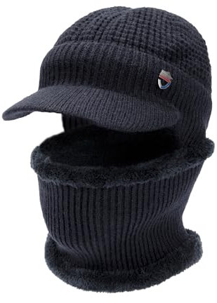 Heveer Herren Wintermütze Loop Schal Set Warme Strickmütze mit Krempe Weichem Gefüttert Ohrenschützer Hut für Outdoor Dunkelgrau