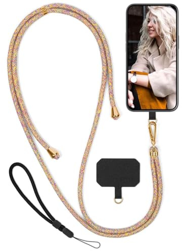 moex Unleash für Fairphone 5 Handyband zum Umhängen ohne Hülle, Handykette Universal mit Karabiner, Handy Band abnehmbar, Kette mit Pad für Handyhülle, Bunt, Gold