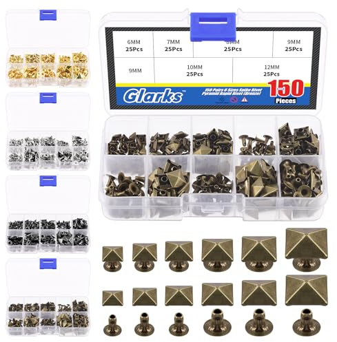 Glarks 150 remaches de punta de bronce, 6 mm, 7 mm, 8 mm, 9 mm, 10 mm, 12 mm, pirámide, remaches rápidos, punk, punk, punk, punk, artesanía de cuero, decoración para ropa, cinturones, bolsos, zapatos