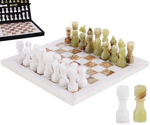 Marmor-Schachspiel 12 inches – handgefertigt mit 32 Figuren, 2 Extra-Königinnen & Box. Luxuriöses Reisespiel & Elegantes Geschenk zur Deko. Für Erwachsene (White & Green Onyx)