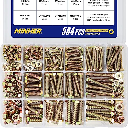 MINHER 584 Stück M6 M8 M10 Sechskantschrauben mit Außensechskant und Muttern Unterlegscheiben set 8.8 Verzinkter Legierter Stahl