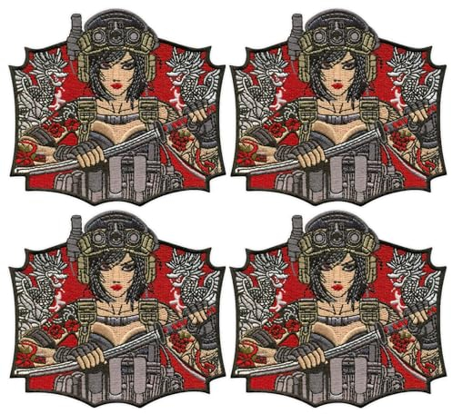 4er-Set – Japanisches taktisches Mädchen – Yakuza Tattoo – Wakizashi-Messer – Moral-Patch – Aufnähen – bestickter Aufnäher / Abzeichen / Emblem