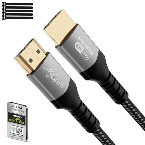 Mygatti Certificato Cavo HDMI 2.1 8k 5 Metri,Ultra Alta Velocità 48Gbps,nylon intrecciato,48 Gbps,supporta 8K@60Hz,4K@120Hz,eARC,HDR,HDCP 2.2/2.3,per laptop,monitor,switch,PS5/PS4,UHD TV+5 fascette