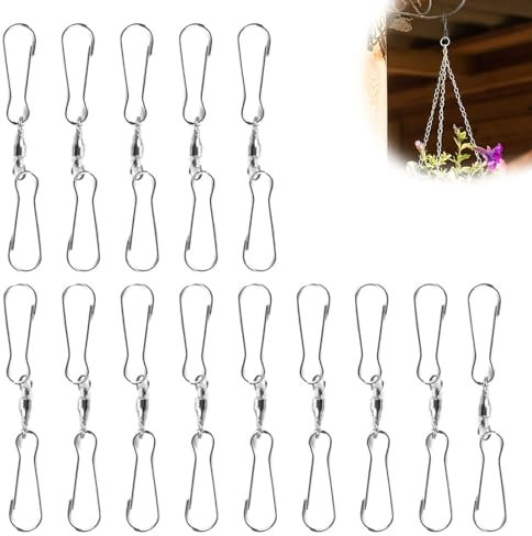ZIJANG Doppel-Clip Drehbare Haken 15 Stück, Windspiel-Haken Edelstahl, 360° Drehbar Outdoor Ornament Haken, Drehbarer Hakenclip zum Aufhängen Windspielen, Vogelkäfigen, Flaggen, Blumen