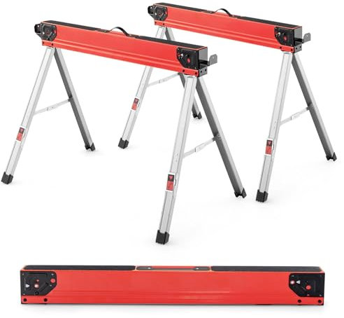 COSTWAY Folding Saw Horse Twin Pack, Heavy Duty Workbench with Flip-Down Pegs, 2 x 4 Support Arms, Non-Slip Pads & Surface, Fully Assembled Metal Trestle Stands Sawhorse, Each Max Load 500kg (Red)