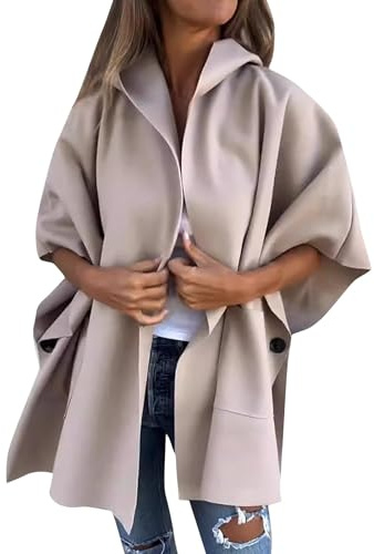Mantel Damen Mit Kapuze Poncho Cape Wollmantel Einfarbig Jacke Damen Winter Herbstmantel Frauen Mit Taschen Cardigan Elegant Poncho Strickjacke Open Front Cape Damen-Jacken Büro Zuhause