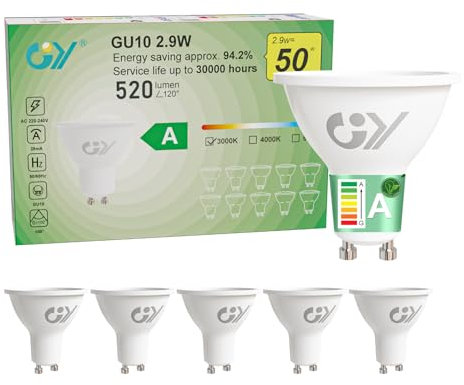 GY 2.9W Bombilla LED GU10 Clase A, 520LM (Eq. 50W) 3000K Blanco Cálido, No Regulable, No Parpadean, 110 Grados Ángulo de haz, Bombillas GU10 LED Bajo Consumo, 5 Pieza
