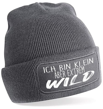 Herzbotschaft Beanie Strickmütze mit Spruch | Ich Bin klein Aber extrem Wild | Farbwahl | Unisex SoftTouch angenehm weiche und warme Wintermütze | OneSize Einheitsgröße für Erwachsene