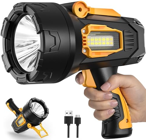 MIXILIN Rechargeable Spotlight 2,000,000 Lumens, Super Bright LED Spotlight Flashlight Outdoor with COB Light & Foldable Tripod, 10000ɱAh Long Lasting Large Handheld Spot Light for Boating Camping
