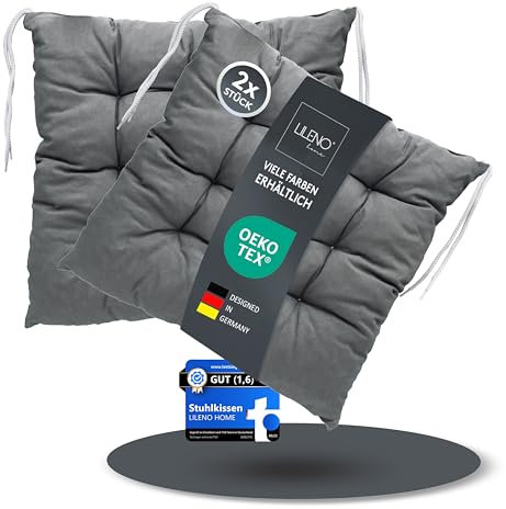 LILENO HOME 2er Set Wende Stuhlkissen Anthrazit (40x40x6 cm) - Streifen Sitzkissen für Gartenstuhl, Küche oder Esszimmerstuhl - Indoor u. Outdoor Stuhlauflage als Stuhl Kissen (Linda FUM)