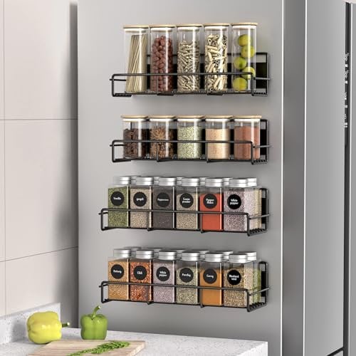 ZDXY 4 Pack Magnetic Spice Rack Organizer for Refrigerator and Microwave Oven, Metal Fridge Shelf for Kitchen, Black