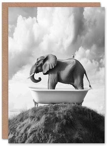 Artery8 Greeting Card Elephant in Bathtub on a Hill Black White Surreal Blank For Him Or Her Art Birthday Card
