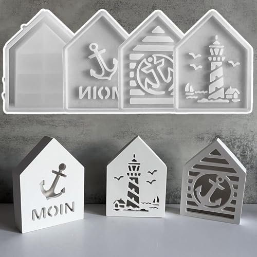Silikonform Häuser und Leuchtturm Set - 4 Stück Gießform mit Anker Design für Frühling