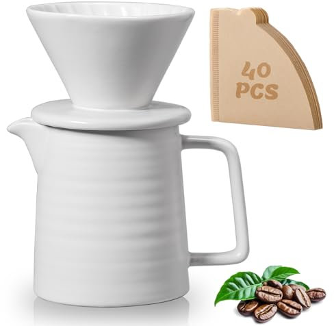 Shoxil Pour Over Coffee Maker Set – Premium Ceramic Coffee Dripper with 450ml Capacity, Manual V60 Style Coffee Maker White – Ideal for Home, Office, and Travel