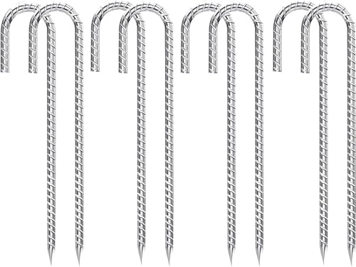 8 Stück Verzinkt Bodenanker, Erdnägel Erdanker Verzinkter Stahl J-Förmige Bodenpfähle Erdspieße Zeltnägel Bodenanker Gartenklammern für Pflanzen, Camping, Zelte, Trampolin (30cm, Silber)