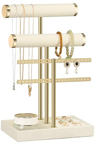 Josmimic Schmuck Organizer mit 3 Ebenen - Beige Schmuckständer Armbänder, Abnehmbarer T-Steg Schmuck Ständer, Samt-Armbandhalter, Schmuckhalter für Armband, Halskette, Uhren, Ringe