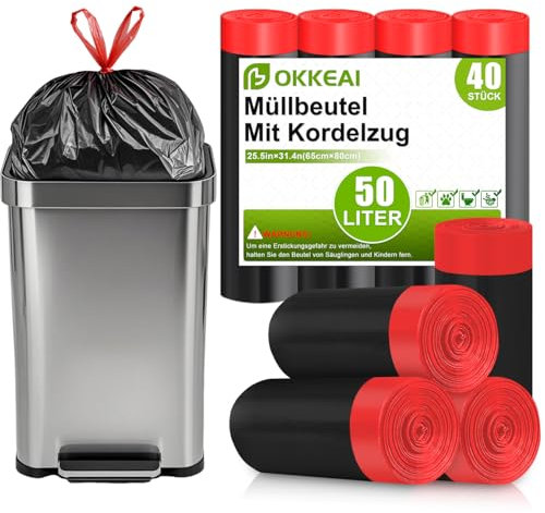 OKKEAI Schwarz Müllsäcke 50Liter mit Zugband Reißfest Müllbeutel Große Mülltüten,40 Stück Küchen Abfallbeutel