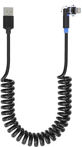 90 Degrés Cable iPhone Ap ple Carplay Spiralé USB A à Câble Lightning -Certifié Carplay et MFi, Cordon de Chargeur iPhone Court Rétractable avec Transmission de Données et LED pour iPhone/Pad/Pod