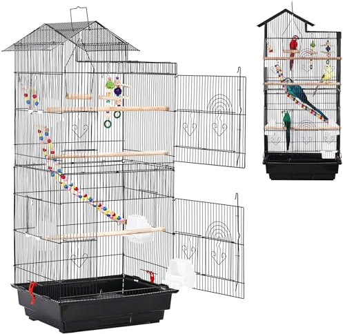 SUBTELTY Metall Vogelkäfige Wellensittich Käfig mit Spielzeuge & Ausruhen Holzstab Nymphensittiche Vogelbauer 46x35.5x99cm Tragbare Vogelvoliere mit Futtertrog & Herausnehmbares Tablett für Ziervögel