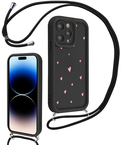 Vxinvnoi Funda Cuerda para iPhone 15 Pro MAX 6,7, Aesthetic Corazòn Dibujos Mujer Carcasa Colgante Correa Cordón Cadena Collar Case, Suave Silicona TPU Antichoque Cover para iPhone 15 Pro MAX, Negro